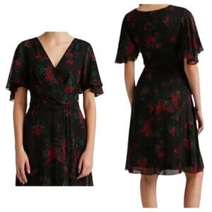 Ralph Lauren Dress Floral Black Red Flutter Sleeves A-Line Party Cocktail 6